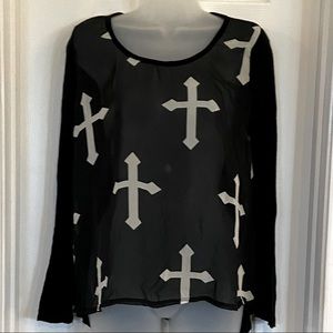 B_Envied Black and White Cross Blouse Flowy Sheer